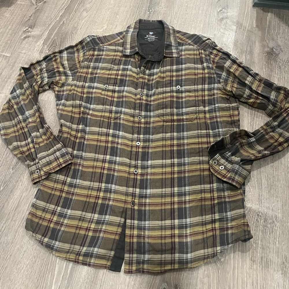 Kuhl Flannel Shirt Mens Medium Brown Plaid Button Up Long Sleeve